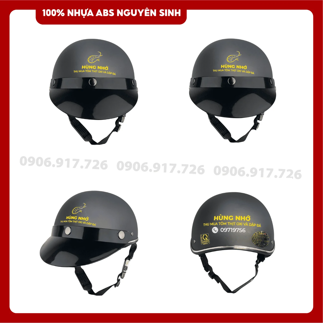 Mũ bảo hiểm in logo Vựa tôm Hùng Nhớ