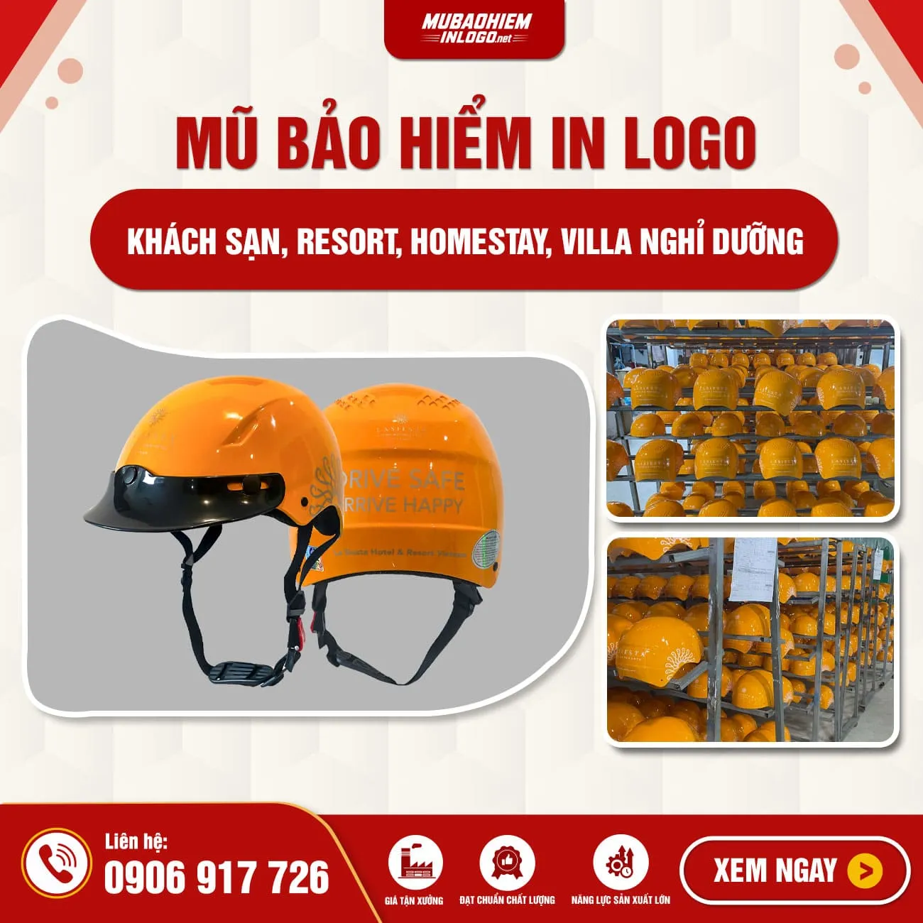 Mũ bảo hiểm in logo khách sạn giải pháp cho thuê xe, nhận diện resort