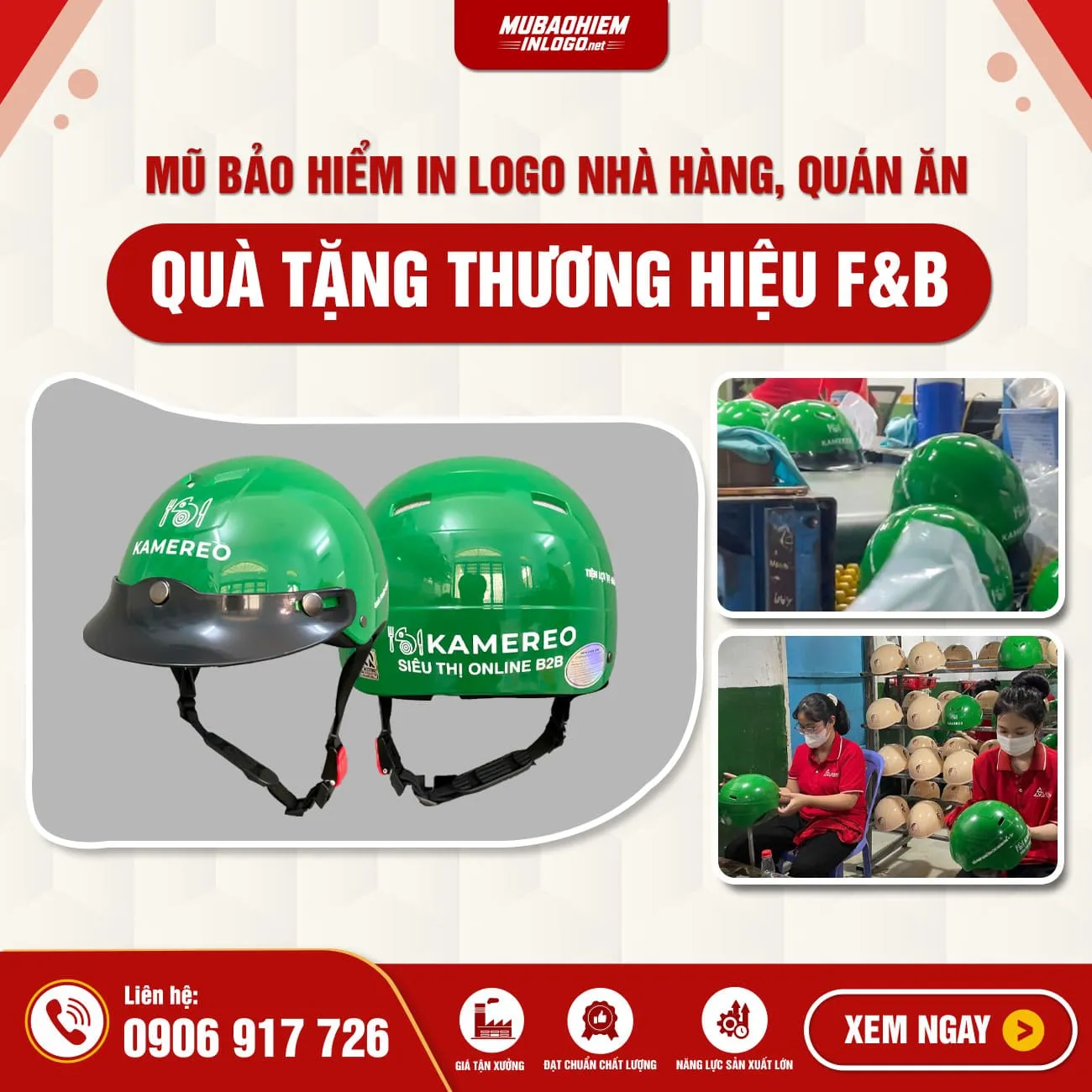 Mũ bảo hiểm in logo nhà hàng tặng khách hàng, tăng nhận diện F&B