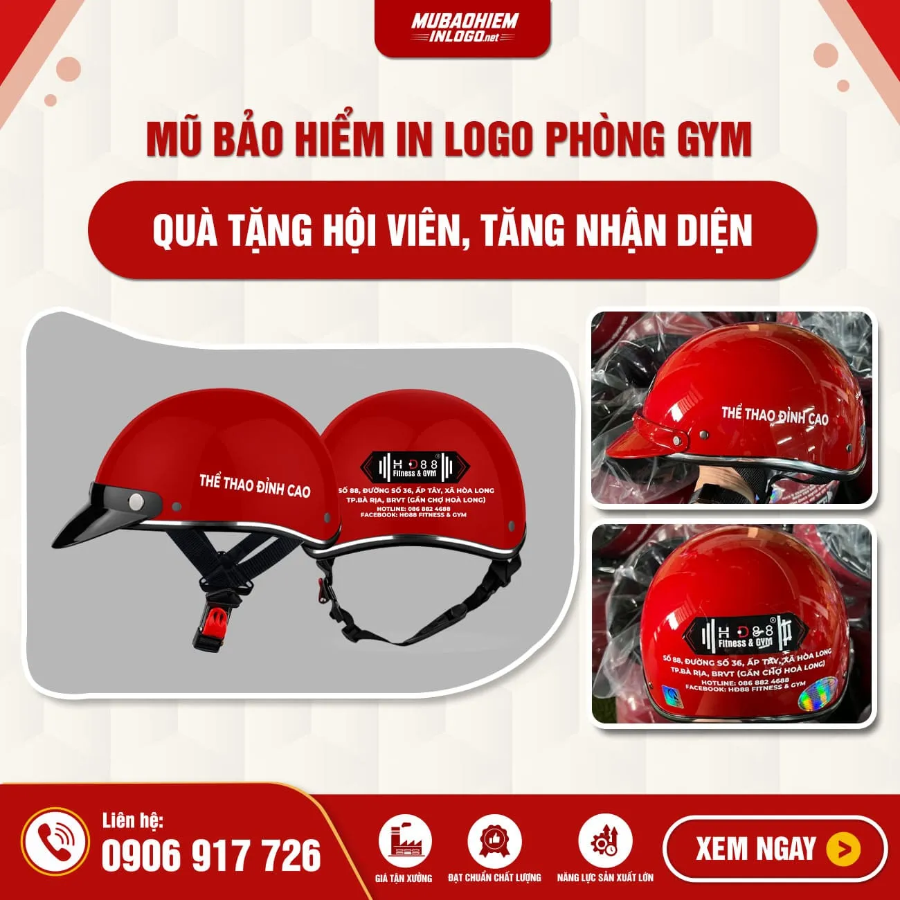 Mũ bảo hiểm in logo phòng gym quà tặng hội viên và nhận diện thương hiệu fitness