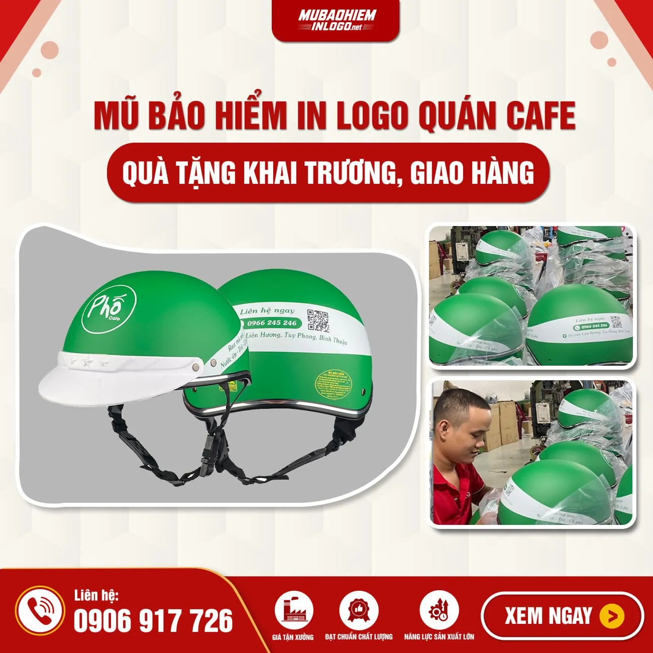 Mũ bảo hiểm in logo quán cafe quà tặng khai trương và nhận diện giao hàng